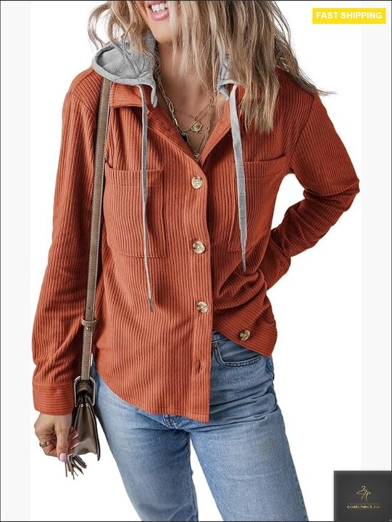 Jackets & Blazers - Womens Corduroy Shacket Jacket Casual Fall Long Sleeve Button Down Hooded Coat